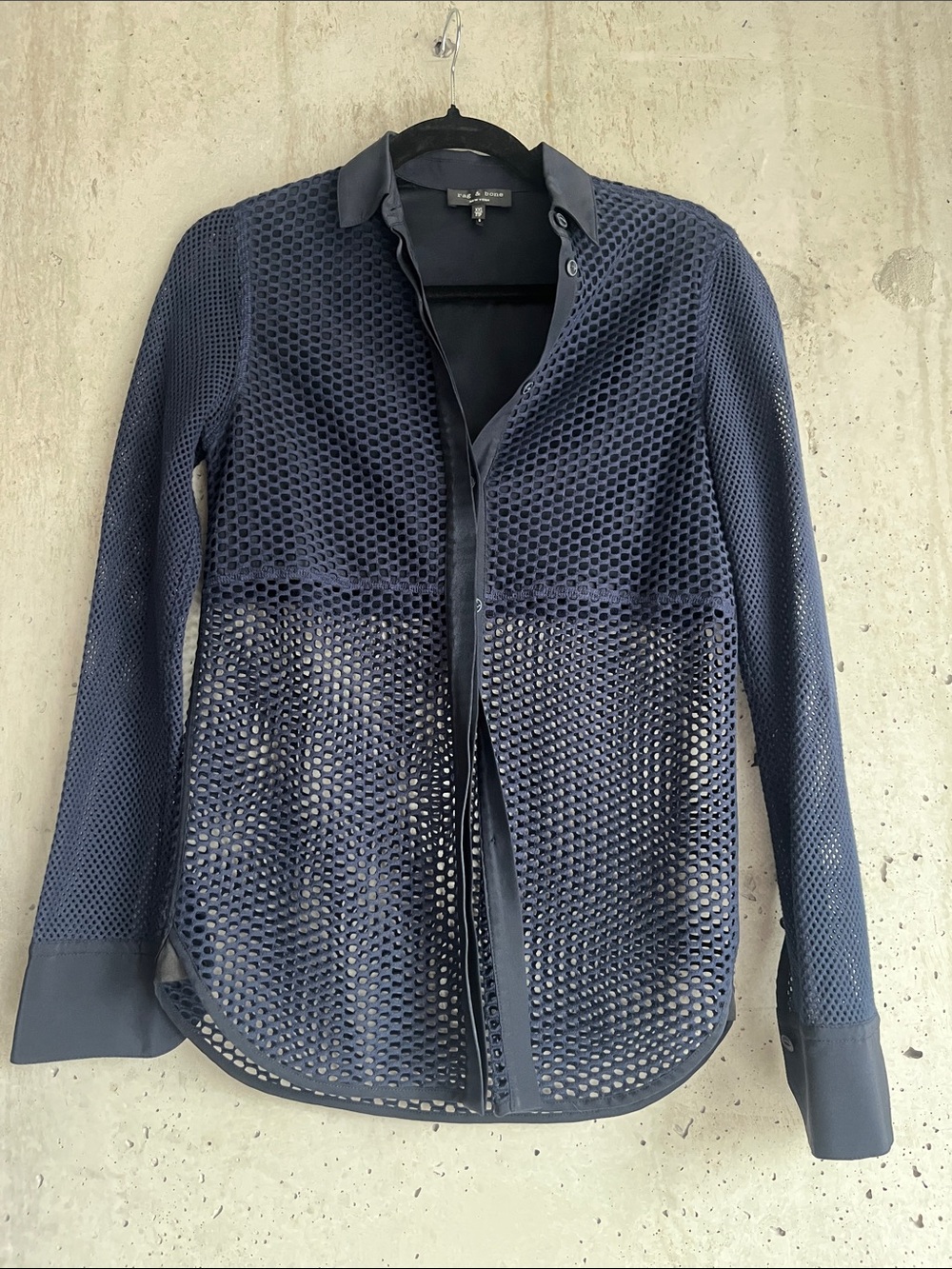 rag & bone Navy Perforated Button Down Shirt Mesh Luxury Designer Top